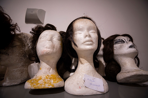 polystyrene mannequin heads with wig used for theatrical performances