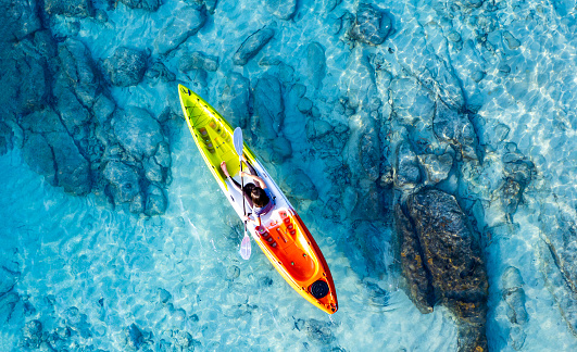 Aerial view of a kayak in the blue sea .Woman kayaking She does water sports activities