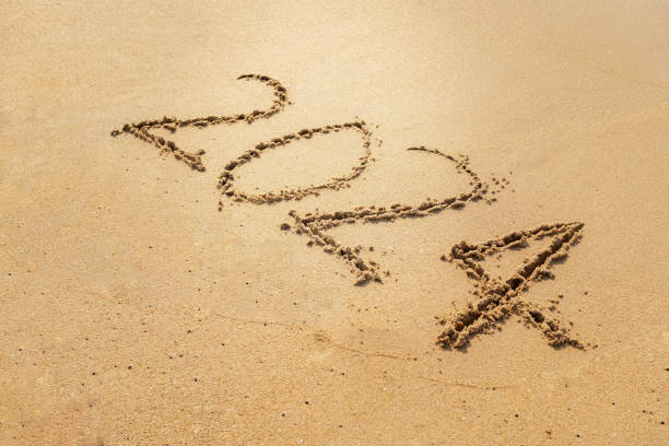 istock Text 2024 on sand with handwritten in the summer time. New Year concept. 1817847086