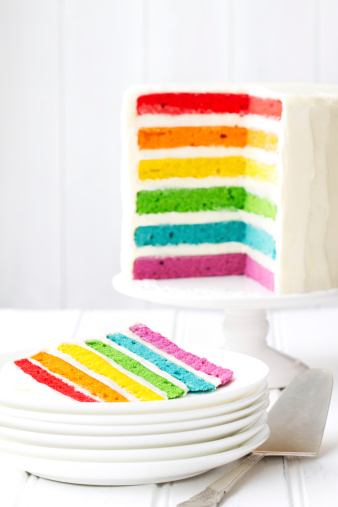 Brightly colored rainbow layer cake