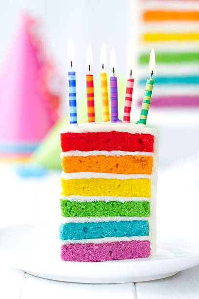 Colorful slice of birthday cake Rainbow cake decorated with birthday candles gateau stock pictures, royalty-free photos & images