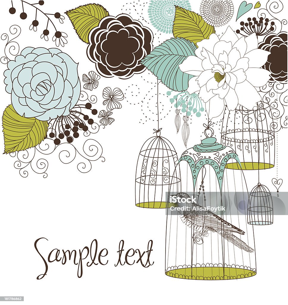 Flower Doodle Beautiful card with a bird in the cage Animal Wildlife stock vector