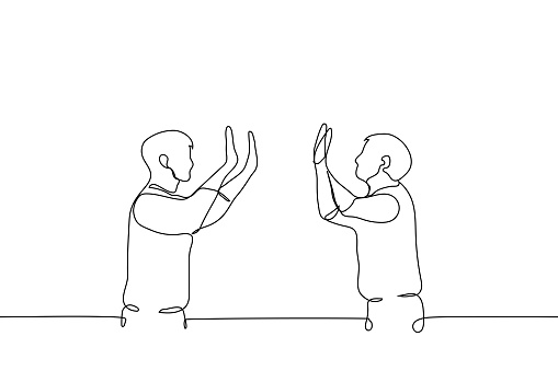 two people hit the palms of friend to friend - one line drawing vector. high five concept, teammates, successful cooperation, symbiosis, friends, truce