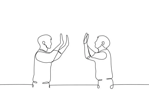 Vector illustration of two people hit the palms of friend to friend - one line drawing vector. high five concept, teammates, successful cooperation, symbiosis, friends, truce