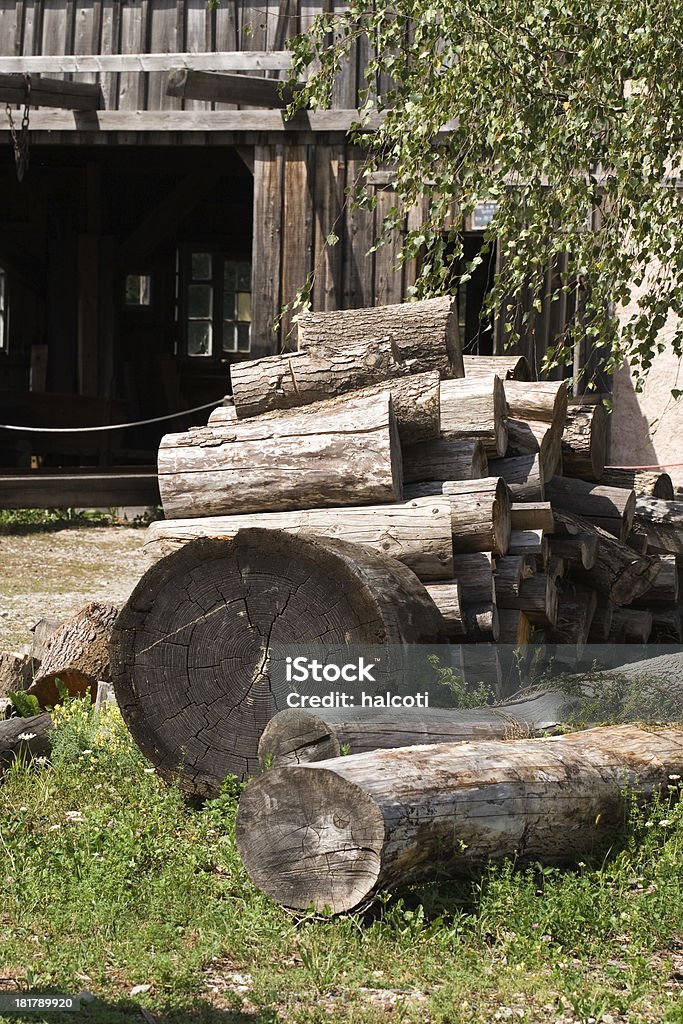 Old sawmill con trunks - Foto de stock de Almacén de madera libre de derechos