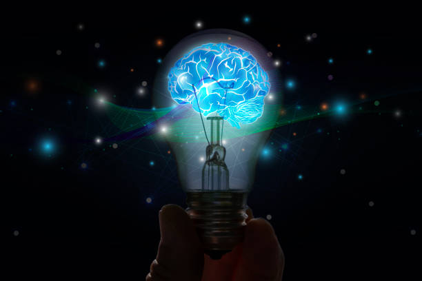 istock Businessman holding Light bulbs with Brain inside and Low poly wireframe outside. 1817912333
