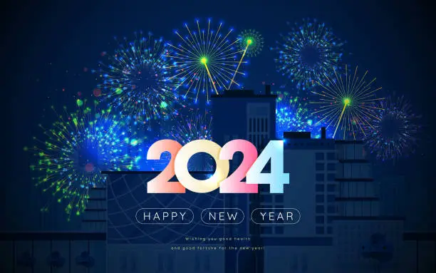 Vector illustration of New year 2024 fireworks on city night sky