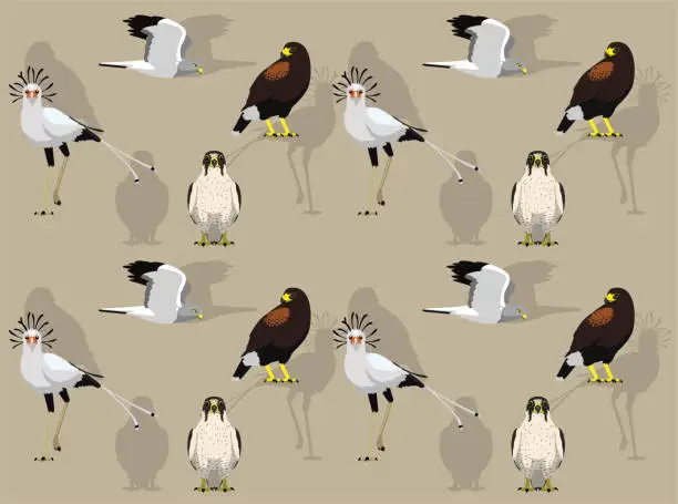 Vector illustration of Secretarybird Kite Harrier Hawk Falcon Peregrine Cartoon Seamless Wallpaper Background