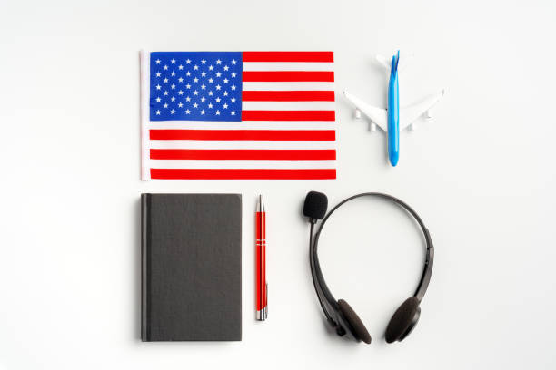 istock Flag of USA and headset on white background 1817936029
