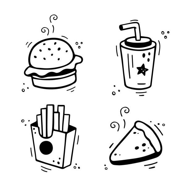 ilustrações de stock, clip art, desenhos animados e ícones de fast food set - burger, french fries, drink, pie. hand drawn fast food combo. comic doodle sketch style. - sandwich sketch cartoon line art