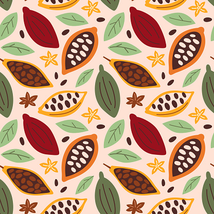 Cocoa fruits and leaves, vector illustrations of cocoa beans, hand drawn seamless pattern with cinnamon and vanilla doodles, colored plant ornament of tropical fruits icons, wrapping paper for chocolate