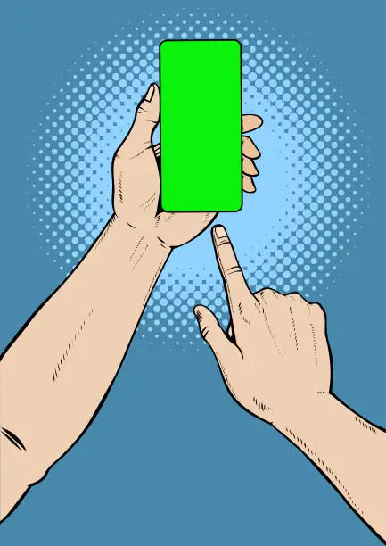 Vector illustration of Vector Pop Art Hands with Smartphone Stock Illustration