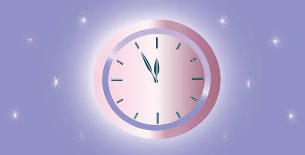 Vector illustration of Clock on a background of blue, purple and pink, gradient colors, holidays. Vector illustration.