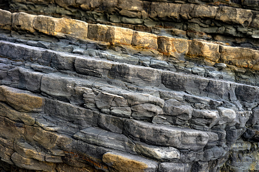 Close view of  a stacked rock formation.