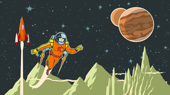 A retro vintage style vector illustration of an astronaut exploring a planet while flying with a jetpack. Wide space available for your copy. Easy to grab and edit.