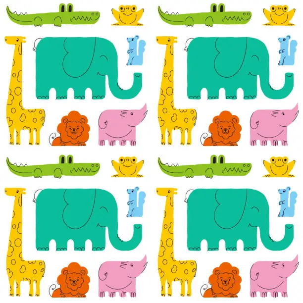 Vector illustration of Seamless vector pattern. Cartoons with animals. Hand drawn elephant, giraffe, lion, crocodile, rhinoceros and toad on a white background. Children's theme