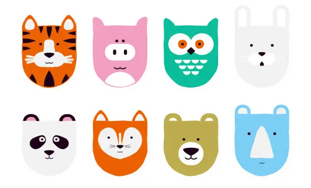 Vector illustration of Set of cartoon animal faces. Hand drawn tiger, pig, owl, hare, panda, fox, bear and rhinoceros on a white background. Children's theme.