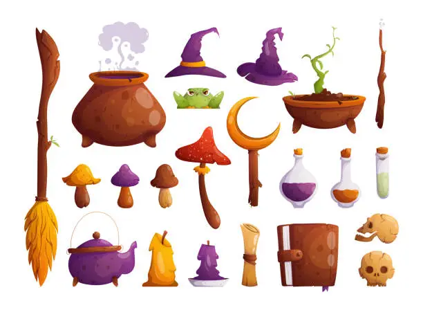 Vector illustration of Set of cartoon items for magic and witchcraft.. A cauldron with a potion, a magic wand and a broom, mushrooms, candles, a book of spells, skulls and witch hats, a toad and a sprout of a witch's plant.