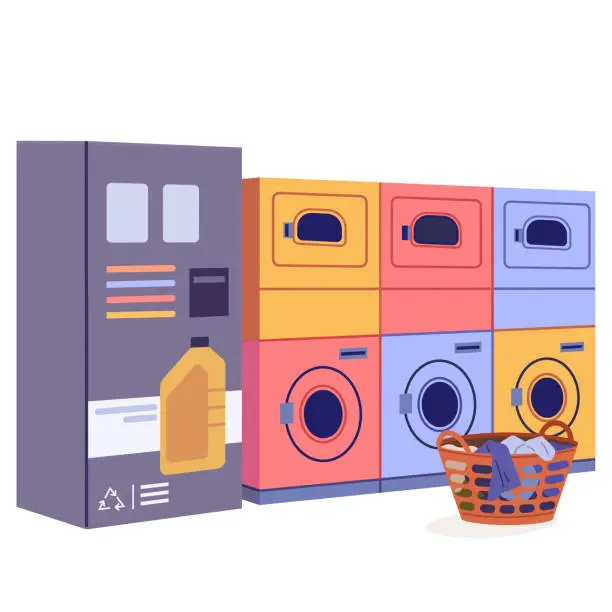 Vector illustration of Public laundry room. Empty premice of industrial self-service laundromat with automatic washers