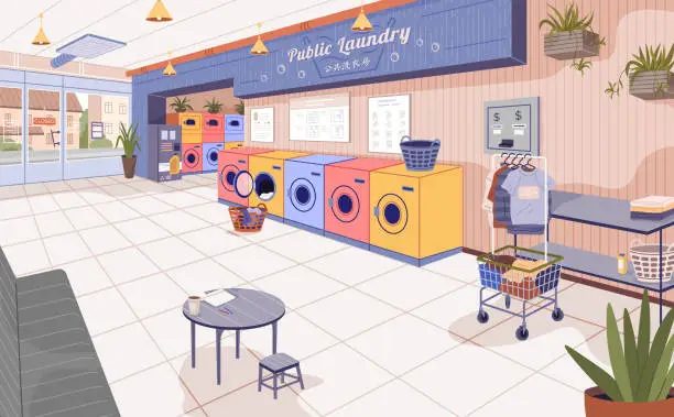 Vector illustration of Laundry room with automatic washing and dryer machine, clothes on rack, detergents, baskets
