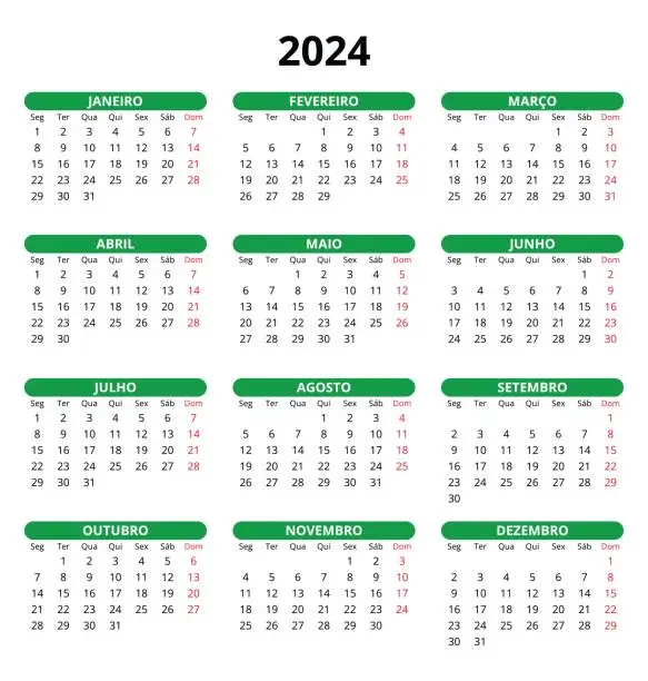 Vector illustration of 2024 portuguese calendar. Simple vector template illustration for Portugal. Vertical