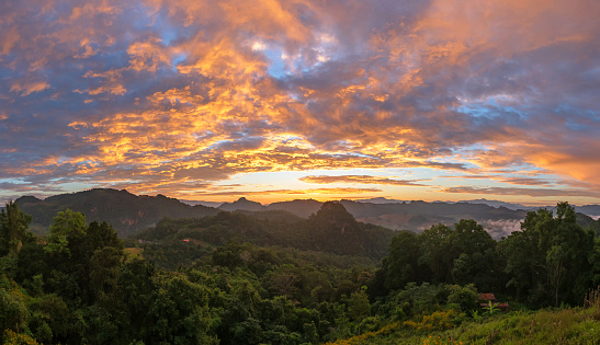 sky and background concept Wide panoramic view of the sky at sunset and sunrise ,mae hong son province, Thailand.