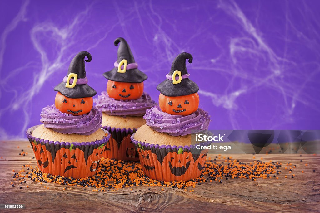 Halloween cupcake Halloween cupcake with pumpkins with witch hat Cupcake Stock Photo