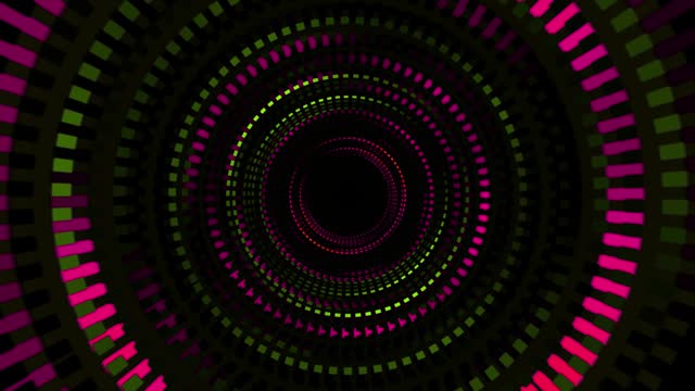4K Abstract Animated Hypnotic Tunnel. Glowing Colorfull Neon Laser Dotted Circles Technology Motion. Spiral Motion Hypnotising Whirlpool Effect, Optical Illusion Illustration, Circular  Digital Tunnel Background.