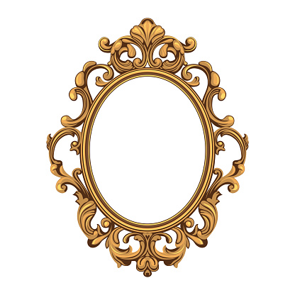 Retro Oval Shaped Mirror in Ornate Frame on White Background. Vector illustration