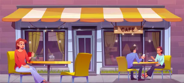 Vector illustration of People drinking coffee in city street cafe