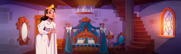 Vector illustration of Young princess standing in royal bedroom