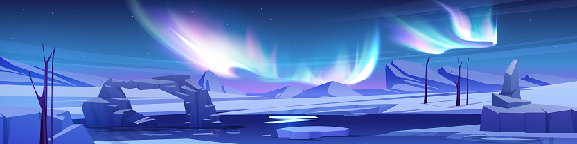 Alaska night cartoon panoramic background with polar aurora. North sky and borealis phenomenon in peaceful winter environment. Freeze lake scenery outdoor sweden landscape illustration with nobody