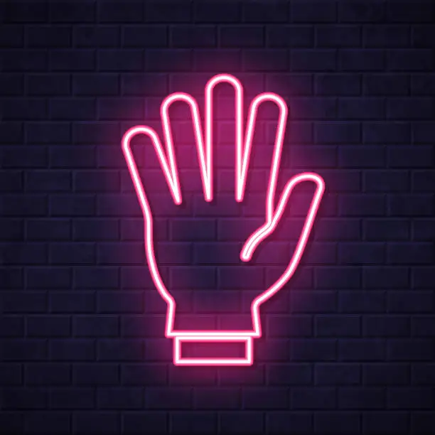 Vector illustration of Protective rubber glove. Glowing neon icon on brick wall background