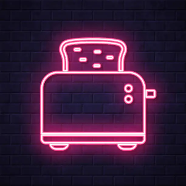 Vector illustration of Toaster. Glowing neon icon on brick wall background