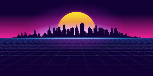 Vector illustration of Synthwave Neon Background with Night Cityscape and Sunset. Vector