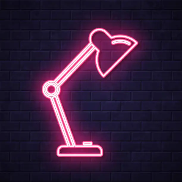 Vector illustration of Desk Lamp. Glowing neon icon on brick wall background