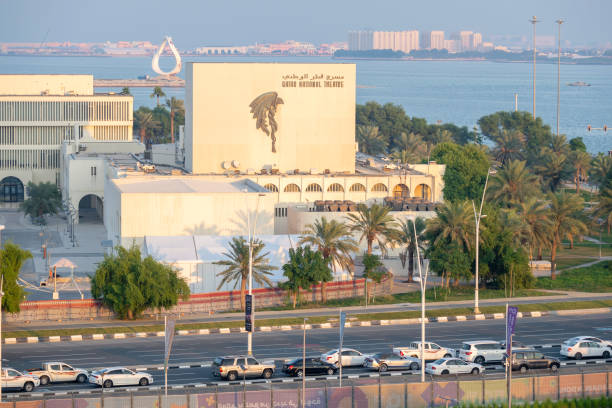 The exterior of the Qatar National Theatre view from Bidda Park Doha Corniche Doha, Qatar - November 14, 2023: The exterior of the Qatar National Theatre view from Bidda Park Doha Corniche qatar emir stock pictures, royalty-free photos & images