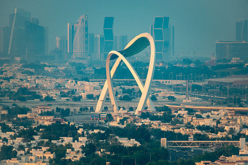 Doha, Qatar - October 26, 2023: Al Wahda Bridge The Tallest Monument of City. known as 56 Bridge of Arch
