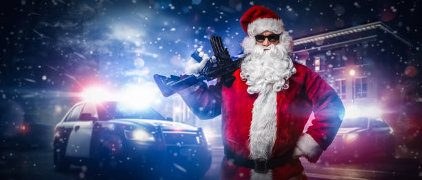 istock Action Santa: Armed Santa Points Amid Police Lights in Snowy Night 1818080063