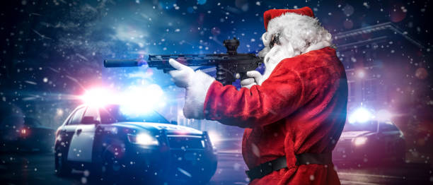 istock Action Santa: Armed Santa Points Amid Police Lights in Snowy Night 1818080947
