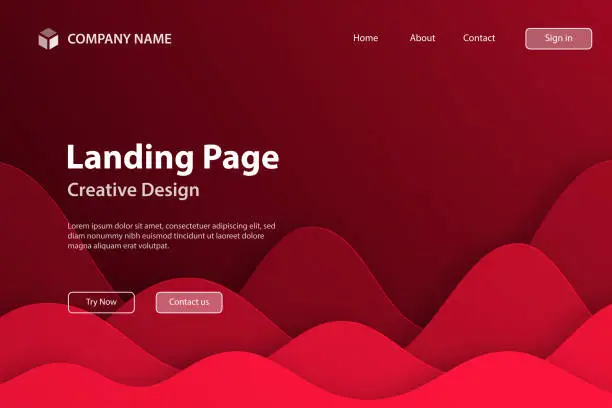 Vector illustration of Landing page Template - Red abstract wave shapes - Trendy paper cut background
