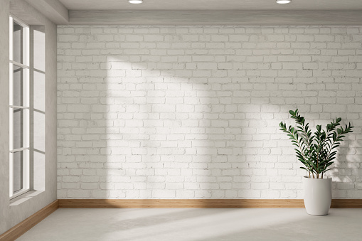 Empty room. Minimalist white empty room with a houseplant, white brick wall, and window. 3d render, 3d illustration