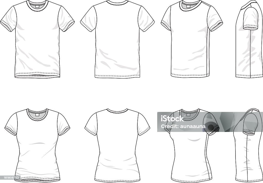 Men's and Women's t-shirt Blank Men's and Women's t-shirt in front, back and side views. T-Shirt stock vector