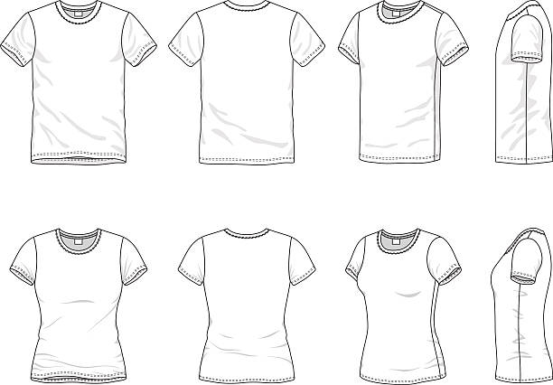 Men's and Women's t-shirt Blank Men's and Women's t-shirt in front, back and side views. short sleeved stock illustrations