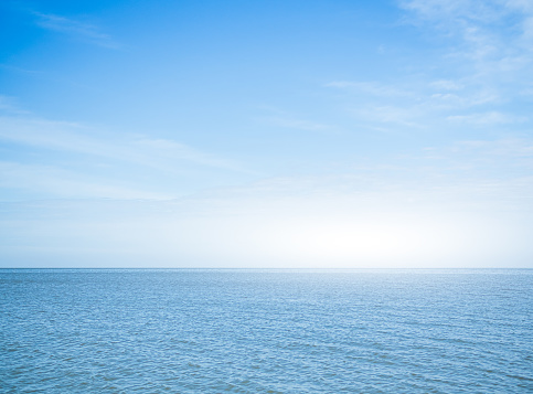 Sea Background Blue Water shore White Sky Horizon Season Summer Tropical Nature, Background Wallpaper Beautiful Seascape Island Outdoor Concept for Tourism Travel Vacation Summer Holiday Relax.