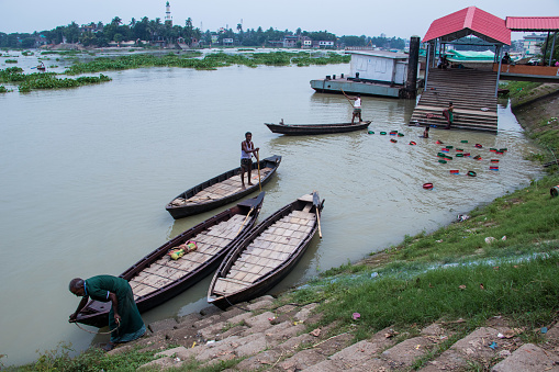 Traditional wooden boat station, This image was captured on May 29, 2022, from Dhaka, Bangladesh