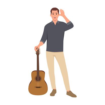 Standing man smiling while holding and playing acoustic guitar. Flat vector illustration isolated on white background
