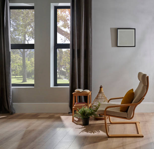 istock Modern home room style, grey wall, brown curtain, frame and botanic house concept. 1818110446