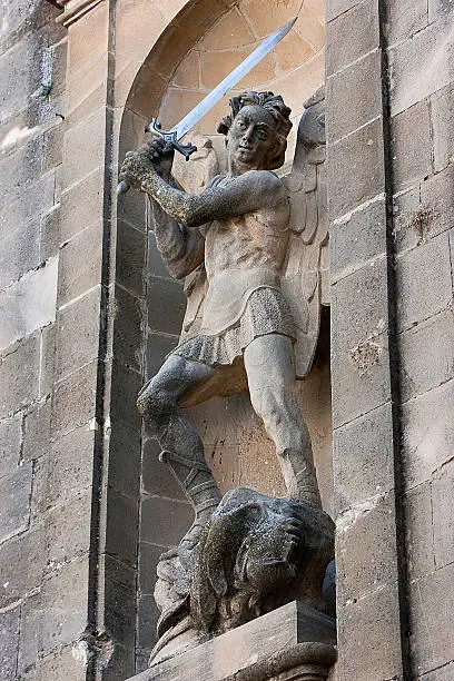 Archangel Michael, relief in a niche of the Front of the chapel of El Salvador of Ubeda, Jaen province, Andalusia, Spain