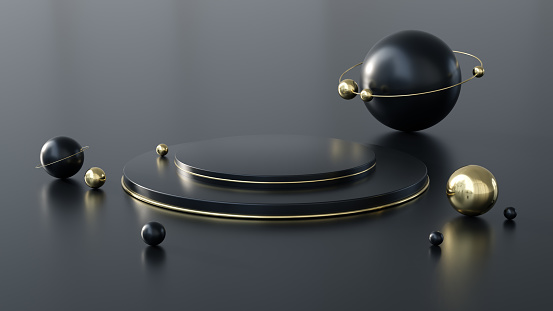 Black round podium with gold colours in accents, abstract black and gold spheres as decoration elements around. Minimalistic background for product presentation